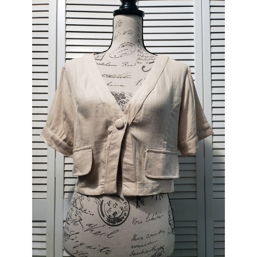 Girl And The Sun Vista Crop Top Women's Medium Beige Linen Blend Short Sleeve‎